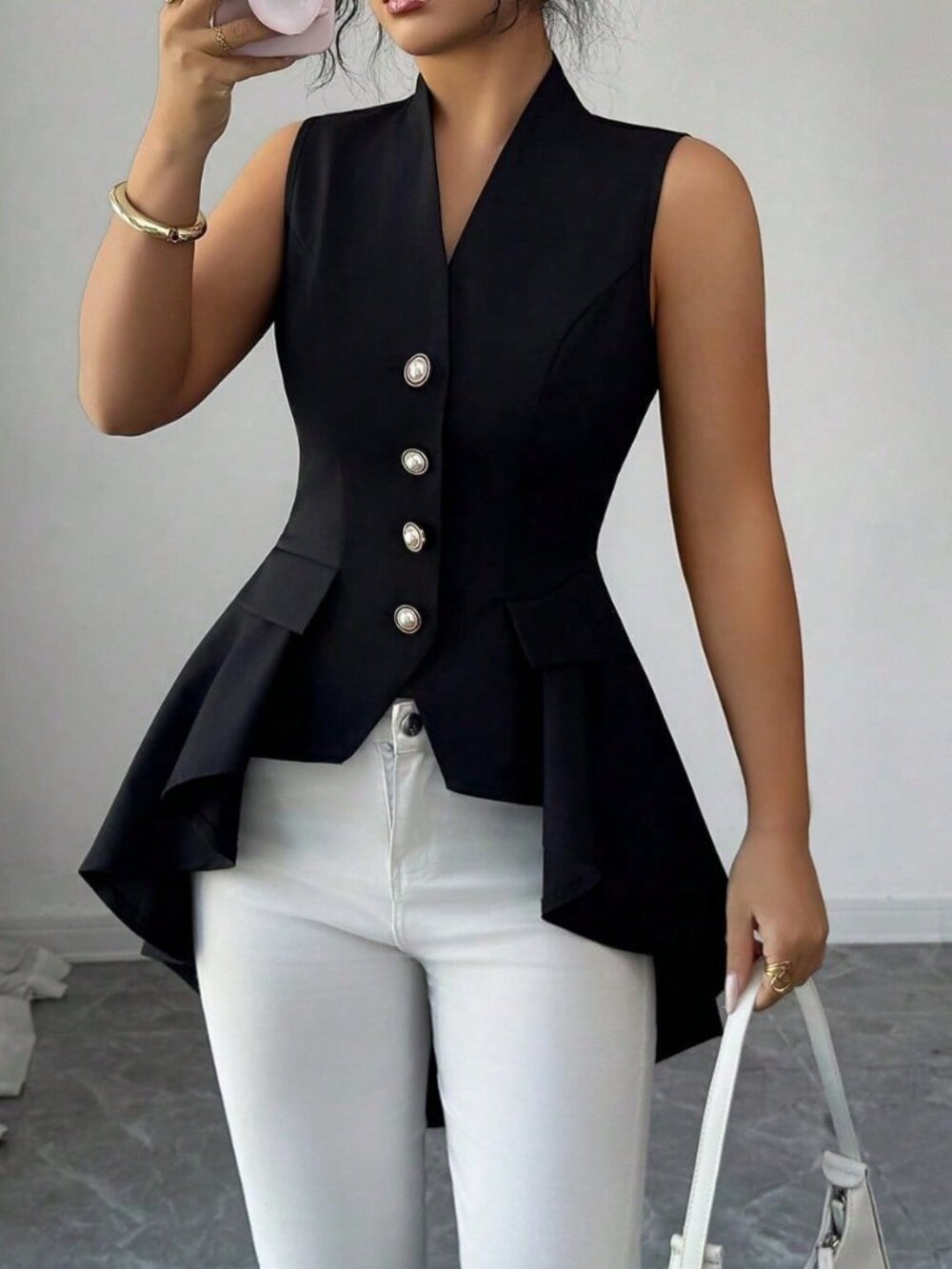 Black V-Neck Sleeveless Women's Cinched Waist Asymmetric Flared Hem Jacket
